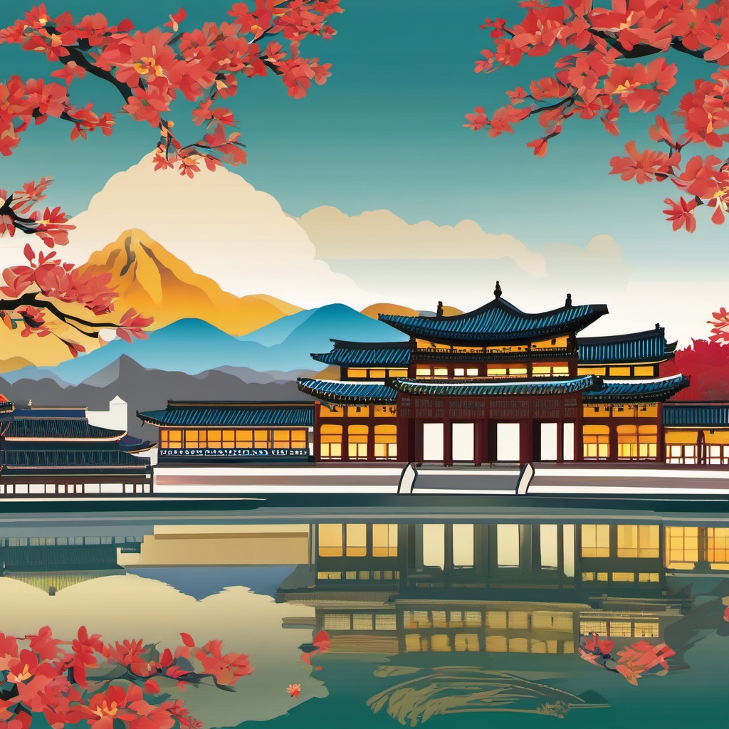 Seoul clipart - Gyeongbokgung Palace and Seoul skyline, ,color clipart vector style