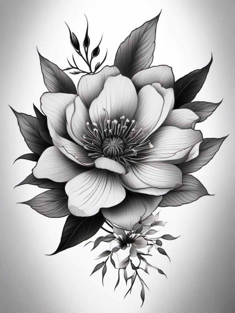 Japanese Flower Tattoo Black and Grey - Black and grey Japanese flower tattoo.  simple color tattoo,white background,minimal