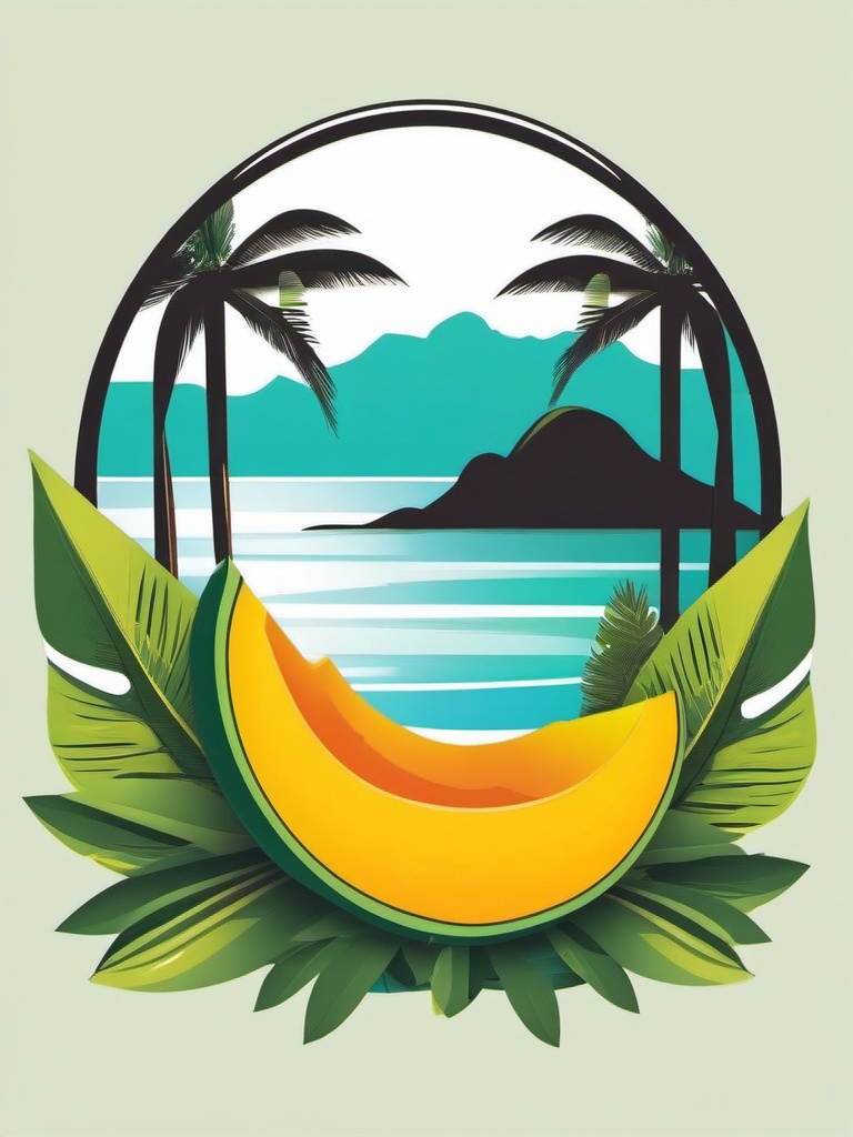 Mango Slice and Tropical Paradise Clipart - A mango slice in a tropical paradise setting.  color vector clipart, minimal style