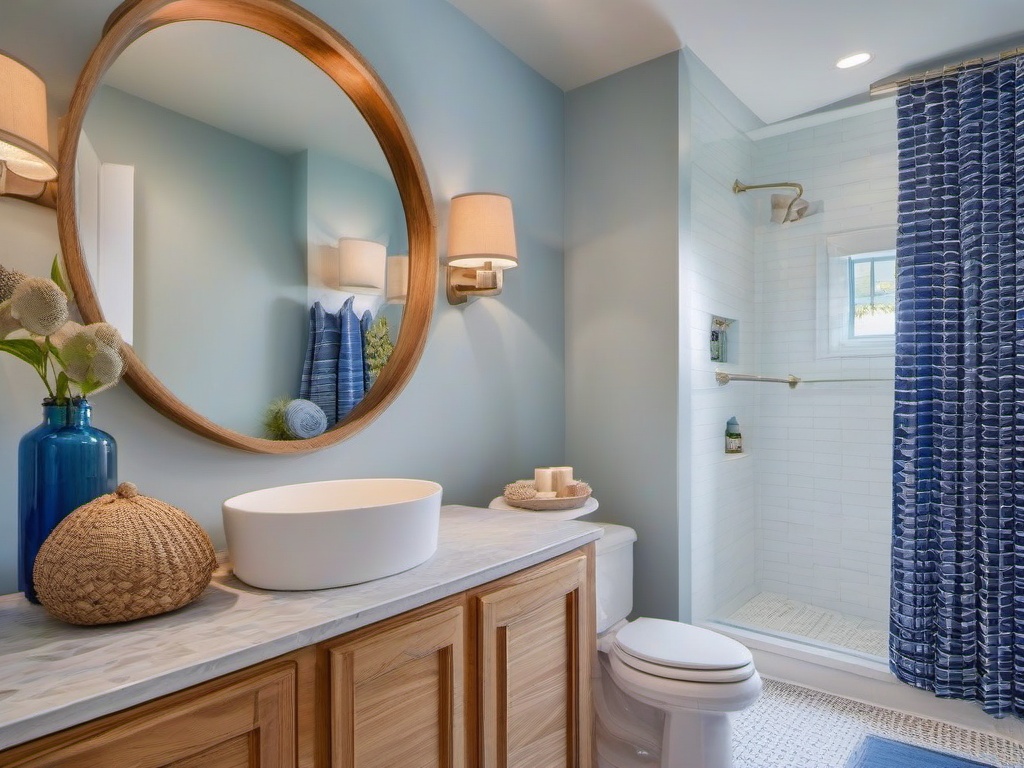 Nautical small bathroom showcases blue and white tiles, seashell decor, and light wood accents that evoke a breezy seaside atmosphere.  