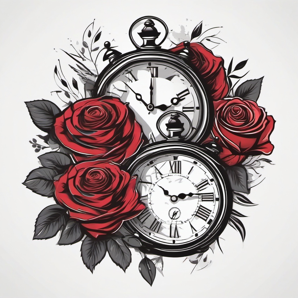 Clock Tattoos with Roses - Tattoos featuring both clocks and roses in the design.  simple color tattoo,minimalist,white background