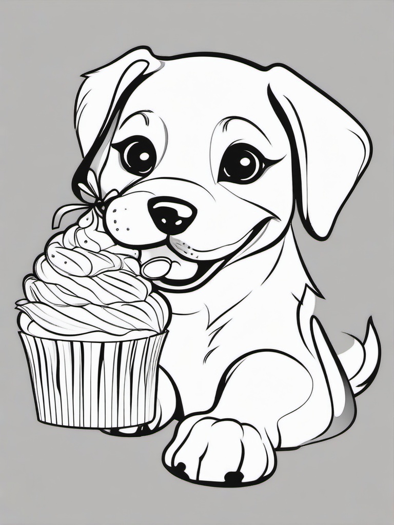 Puppy with a Cupcake Coloring Pages - Playful Puppy Enjoying a Sweet Treat  minimal black outline printable sheet, coloring page