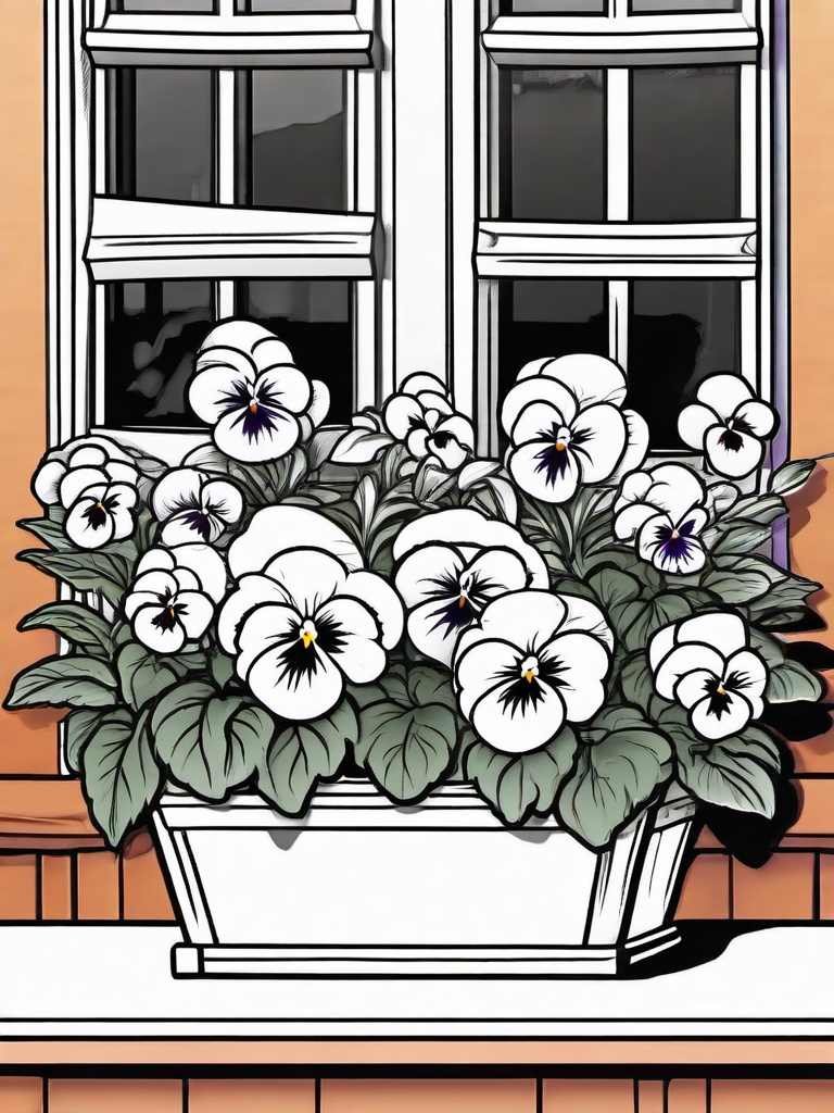 Pansy coloring page sheet - Colorful pansies blooming in a flower box by the window.  black outline printable coloring page