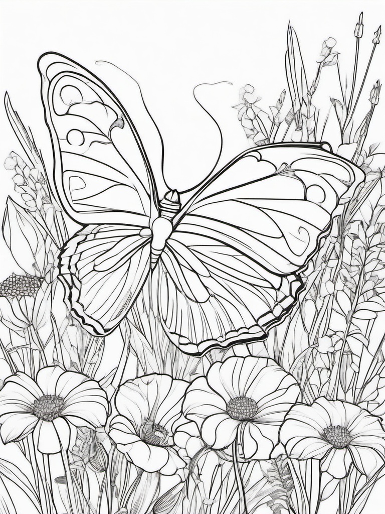 Butterfly in a Meadow Coloring Pages - Serene Butterfly Among Wildflowers  minimal black outline printable sheet, coloring page