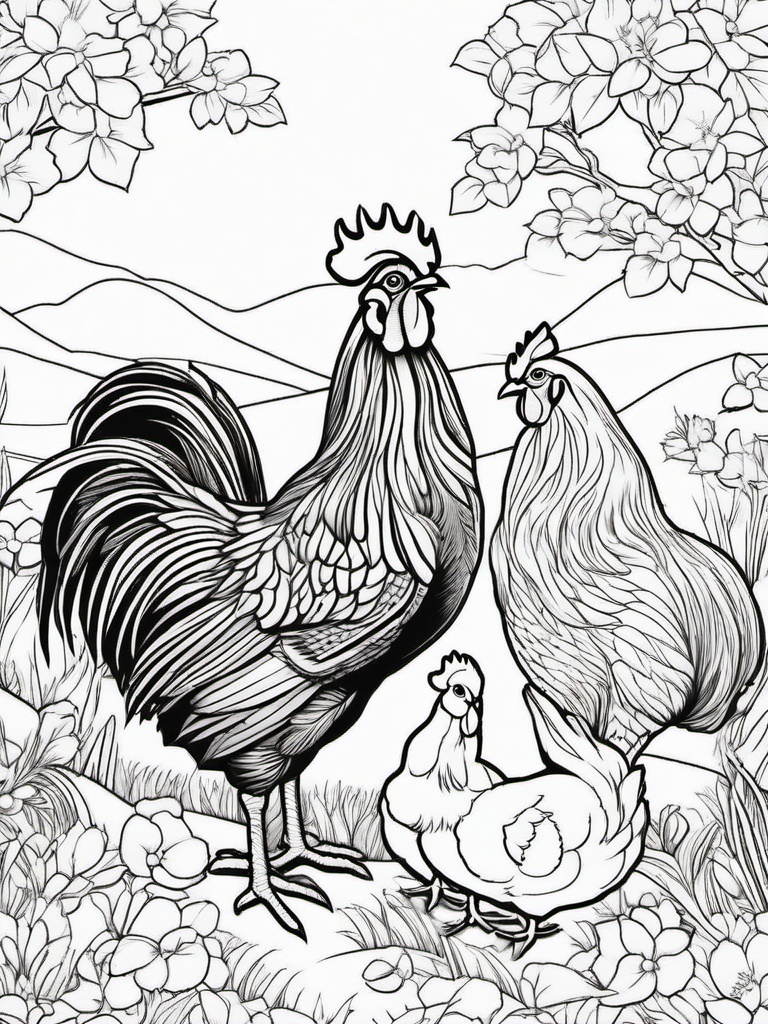 Farm Animal Coloring Pages - Rooster and hen watching over their chicks  simple coloring pages