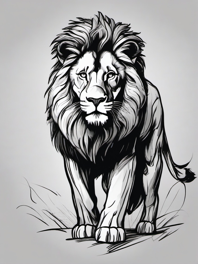 drawing of a lion in battlefield  minimal rough sketch scribbles,doodles,black and white