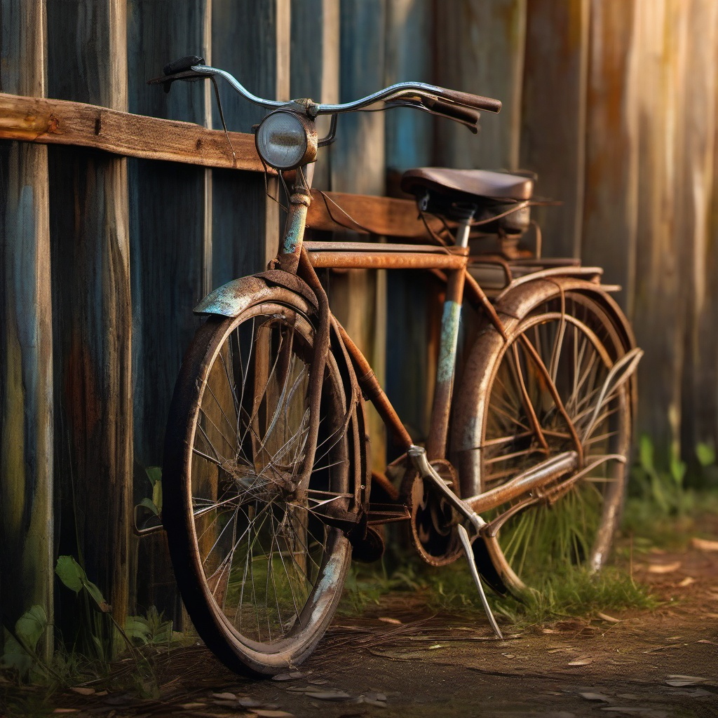 Rusty old bicycle, its paint chipped and wheels creaking, leans against weathered wooden fence, silent relic of past adventures now basking in warmth of nostalgia. hyperrealistic, intricately detailed, color depth,splash art, concept art, mid shot, sharp focus, dramatic, 2/3 face angle, side light, colorful background