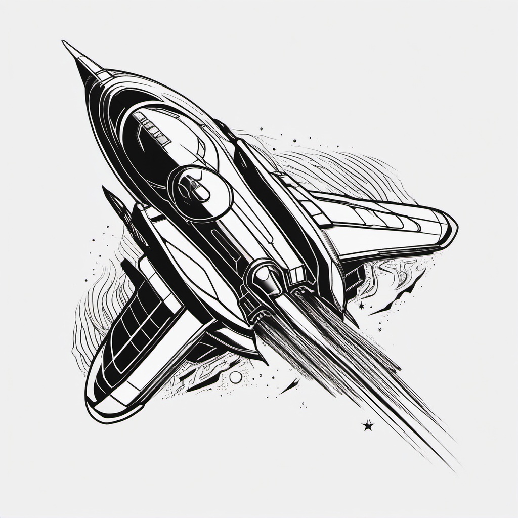 Spaceship Tattoo - A sleek spaceship tattoo embarking on a journey  few color tattoo design, simple line art, design clean white background