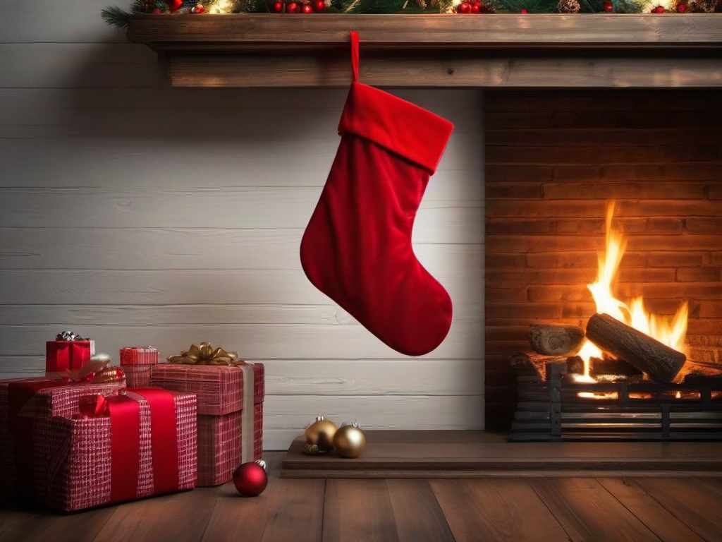 Christmas wallpaper - Red Christmas stocking hanging on a rustic fireplace mantel  aesthetic background wallpaper