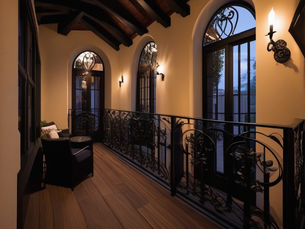 The balcony showcases Gothic interior design with wrought iron railings, dark furniture, and atmospheric lighting that create an inviting space for relaxation and gatherings.  