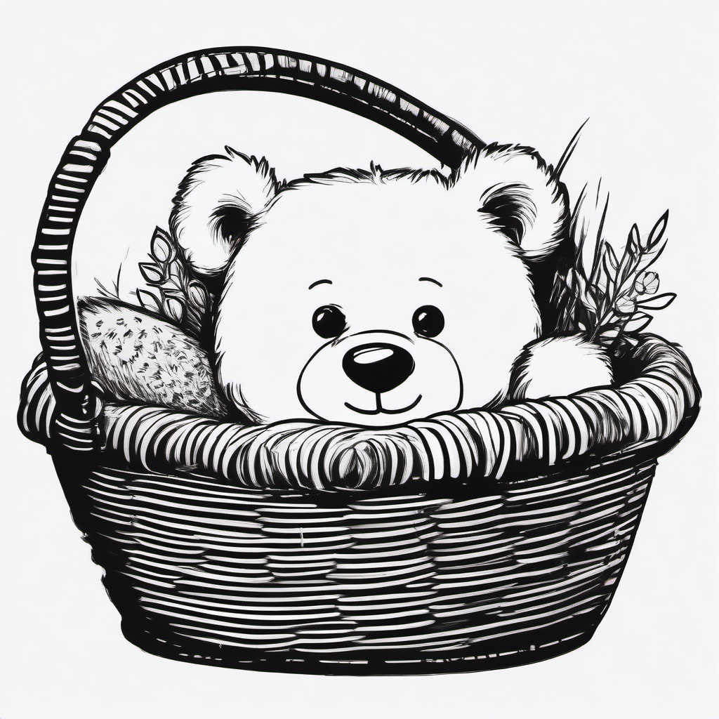 drawing of a teddy bear in a basket  minimal rough sketch scribbles,doodles,black and white