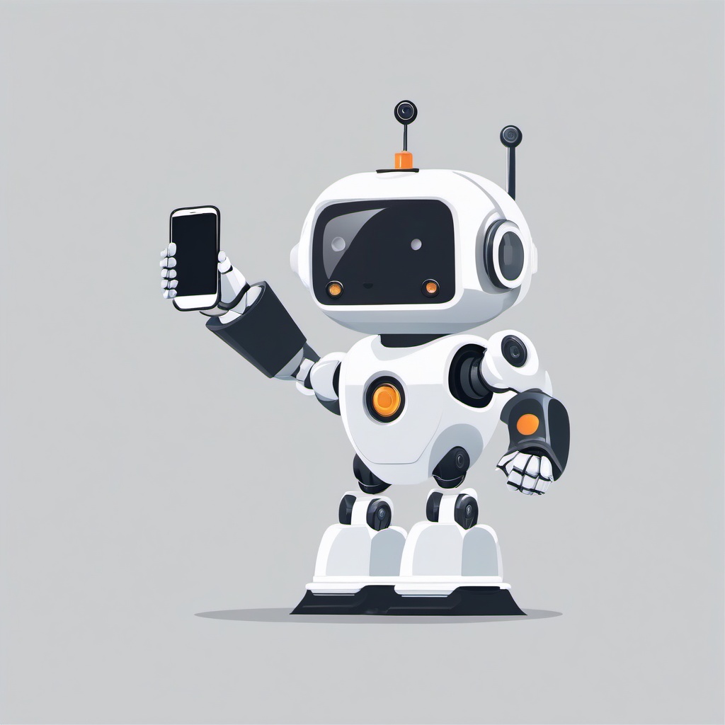 Robot holding a smartphone clipart.  vector style illustration, white background