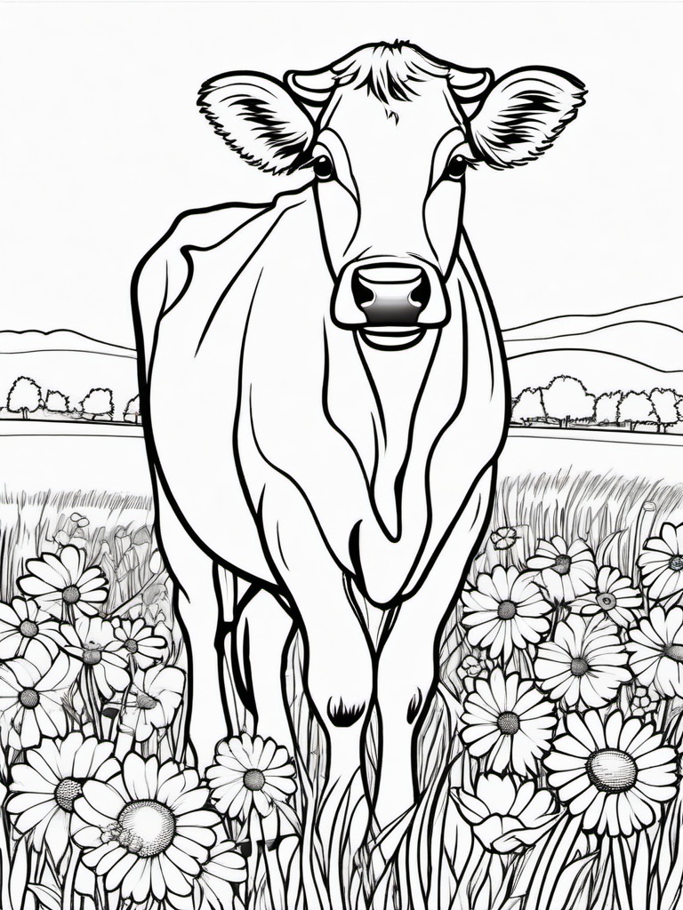 Cow Coloring Pages - Cow standing in a field of daisies  simple coloring pages