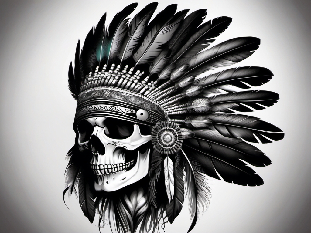 Feathered headdress on skull tattoo: Fusion of cultures, strength.  black and white tattoo style