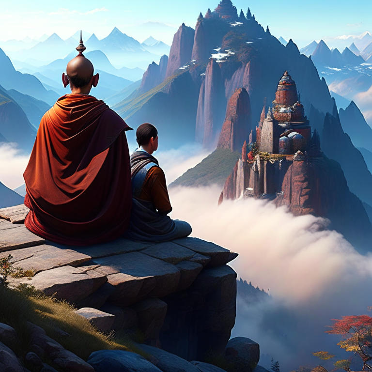 githzerai monk, zara windwalker, meditating atop a mountaintop monastery to achieve inner tranquility. 