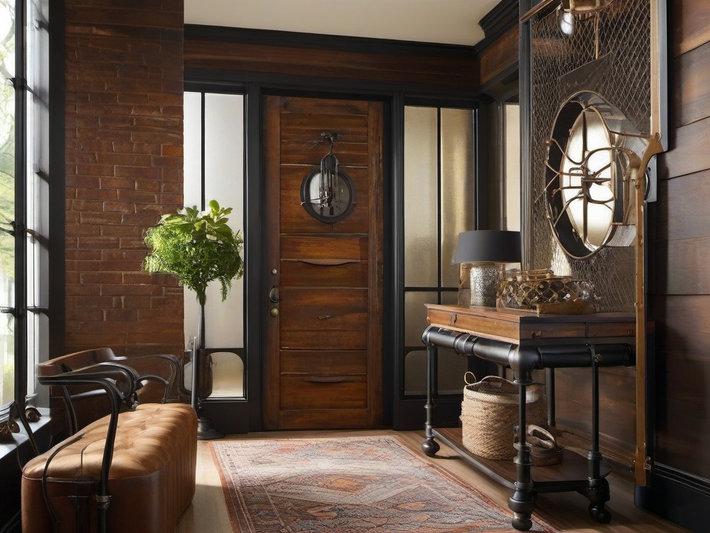 Steampunk entryway features vintage-inspired decor, industrial accents, and unique furniture that create a creative and imaginative entry space.  