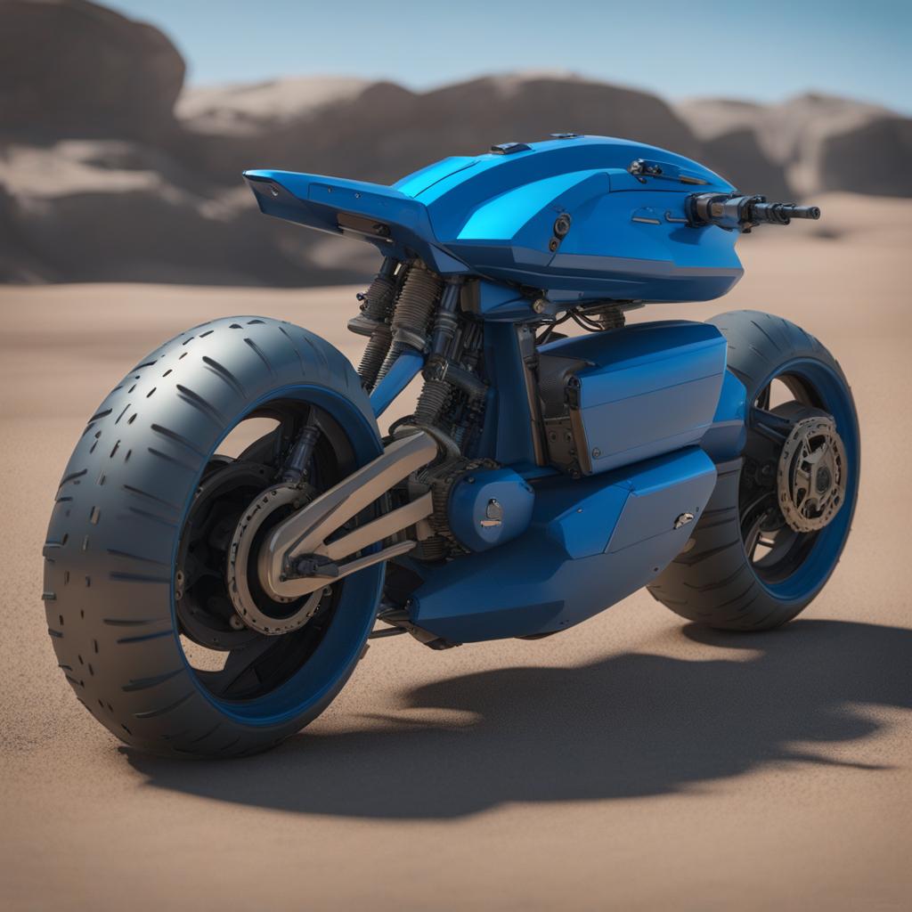 blue armoured ultra minimal x-treme ultra futuristic f1 motorbike designed by mark ryden+ jordan grimmer, in style of brutalist+cyberpunk, natural dirt and debris detail, scuffs 8k resolution, hyper realistic, detailed render, extremely complex and advanced chassis