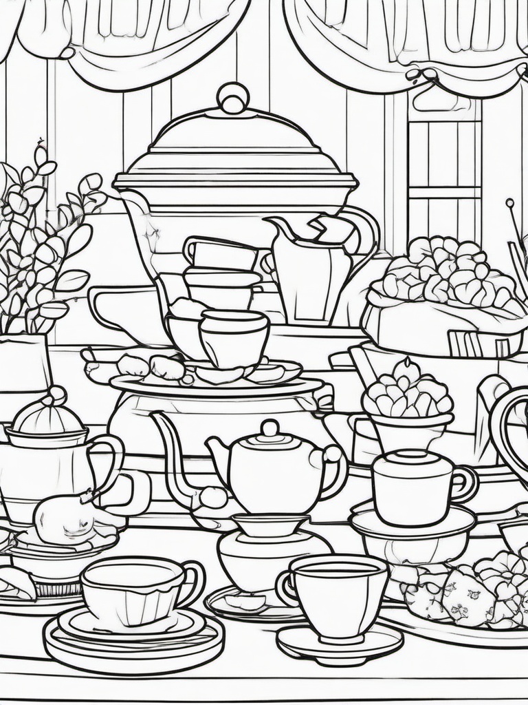 Kawaii Tea Party Coloring Pages - Adorable Characters at a Tea Party  minimal black outline printable sheet, coloring page