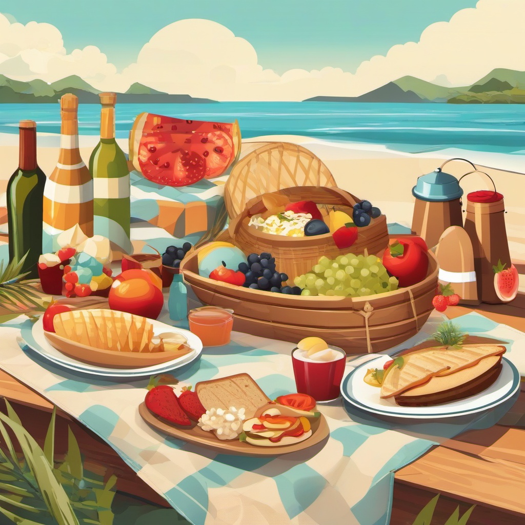 Beach clipart - beach picnic setup with food  