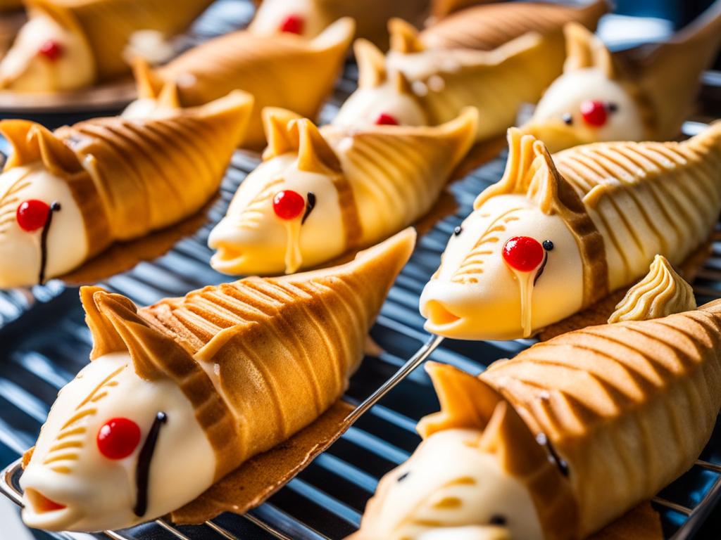 taiyaki ice cream, a japanese fish-shaped pastry, indulged at a summer festival in tokyo. 