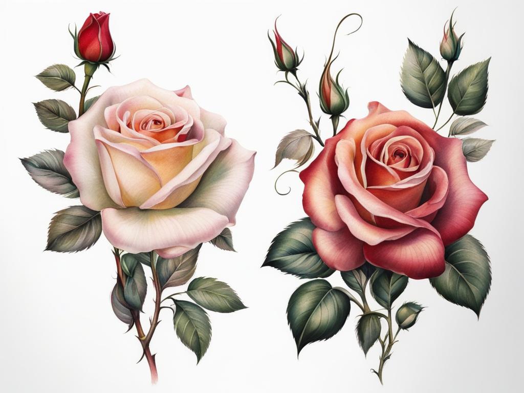 Rose and stem tattoo, Tattoos featuring both roses and their delicate stems.  color, tattoo patterns, white clean background