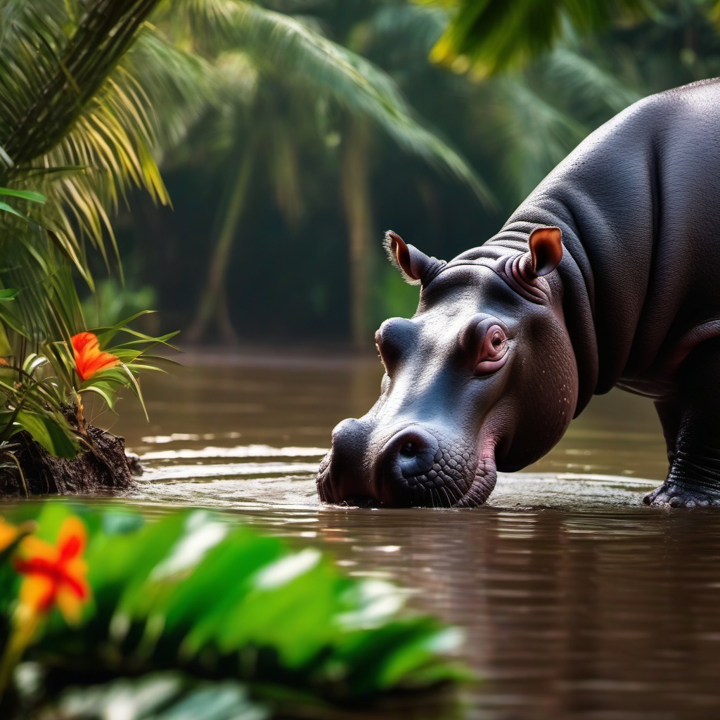 Cute Hippo Cooling Off in a Tropical Watering Hole 8k, cinematic, vivid colors