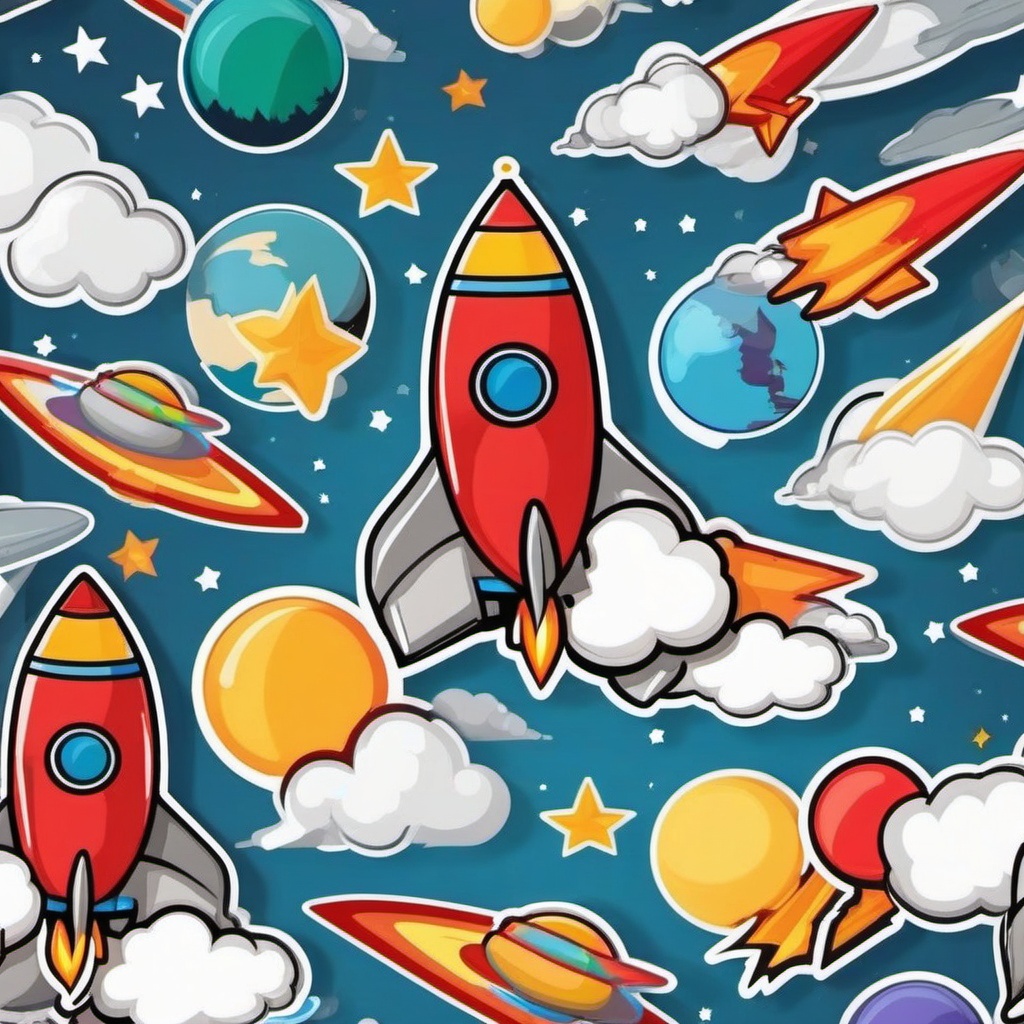 Rocket Sticker - Cartoon rocket launch, ,vector color sticker art,minimal