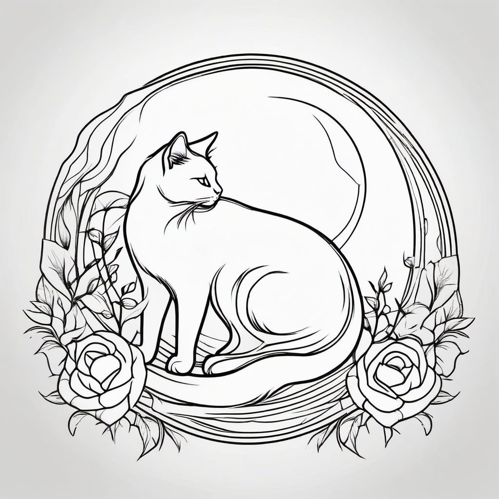 Cat outline tattoo with crescent moon: Nocturnal charm etched in subtle lines.  black white outline tattoo, white background