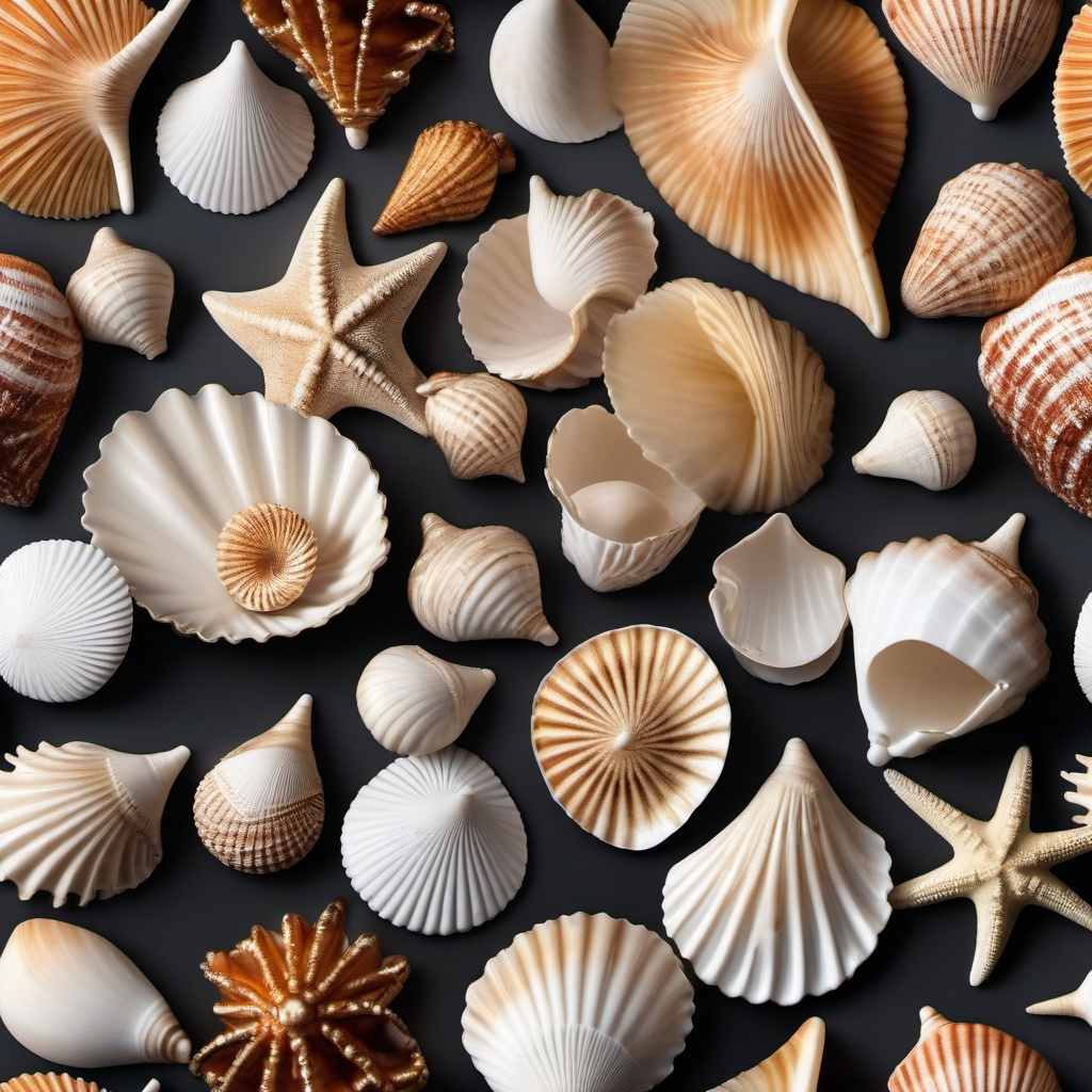 Seashell ornaments and decor close shot perspective view, photo realistic background, hyper detail, high resolution