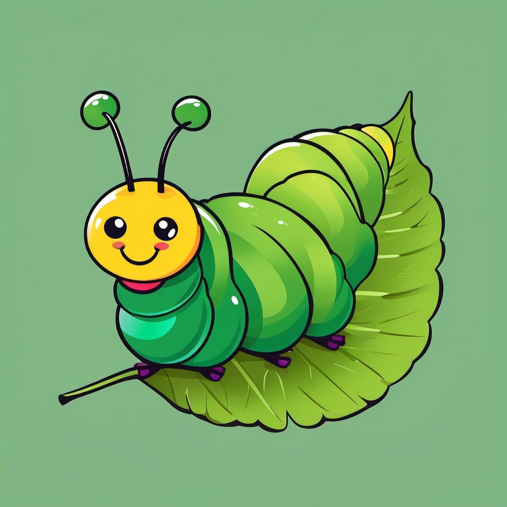 Colorful Caterpillar Eating Clip Art - Colorful caterpillar happily munching on a green leaf,  color vector clipart, minimal style