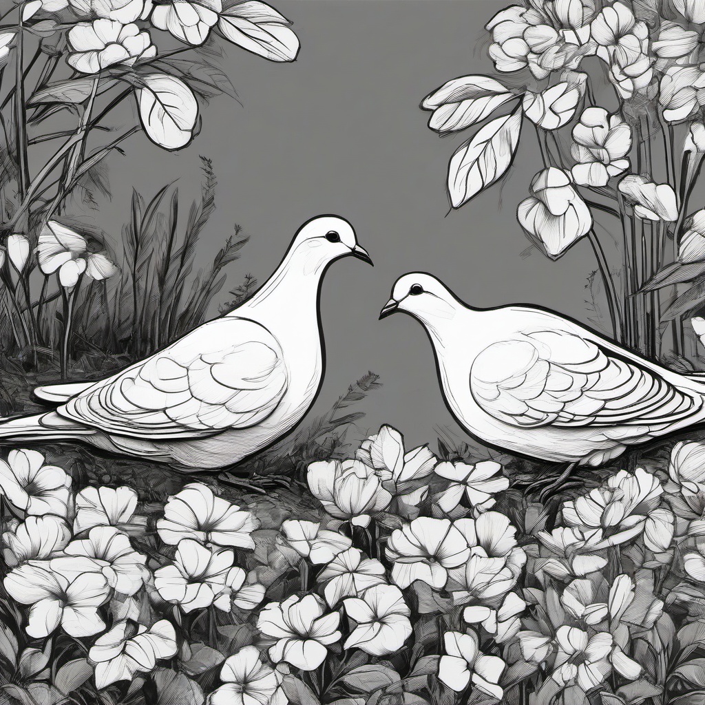 drawing of doves in a garden  minimal rough sketch scribbles,doodles,black and white