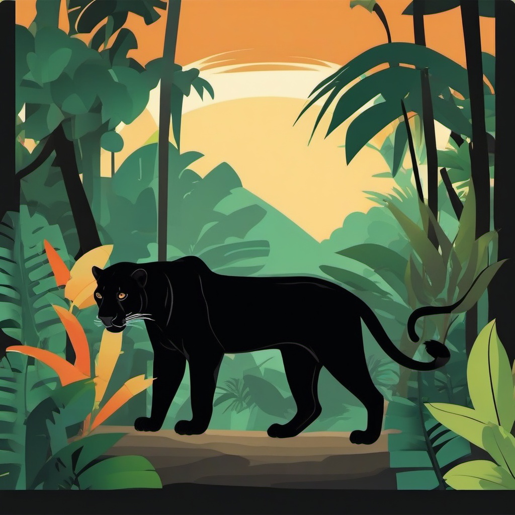 Black Jaguar Clip Art - Black jaguar prowling in the jungle,  color vector clipart, minimal style