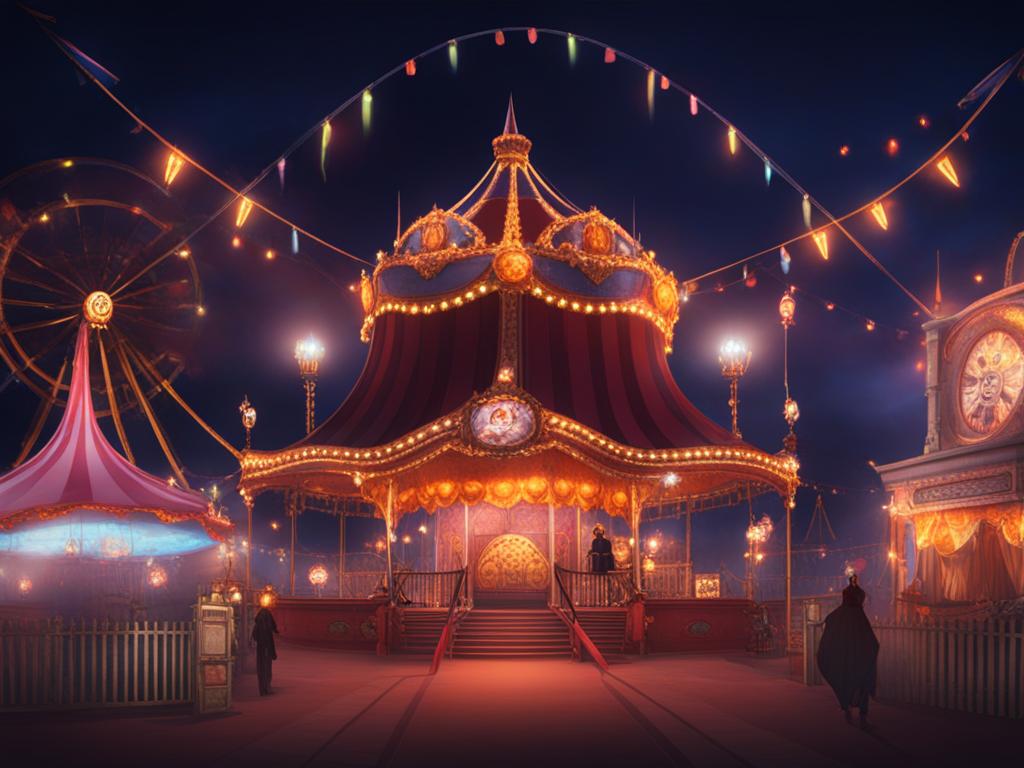 spooky carnival - showcase an eerie carnival with anime characters exploring ghostly rides and attractions. 