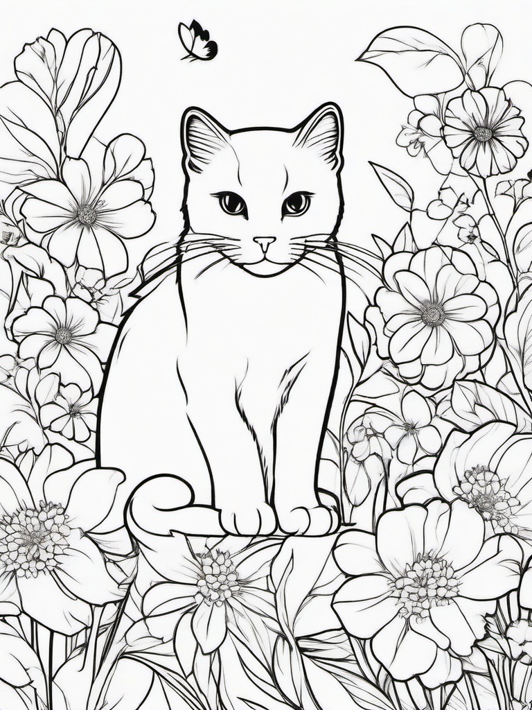 Cat with Flowers Coloring Pages - Sweet Feline Surrounded by Blooms  minimal black outline printable sheet, coloring page