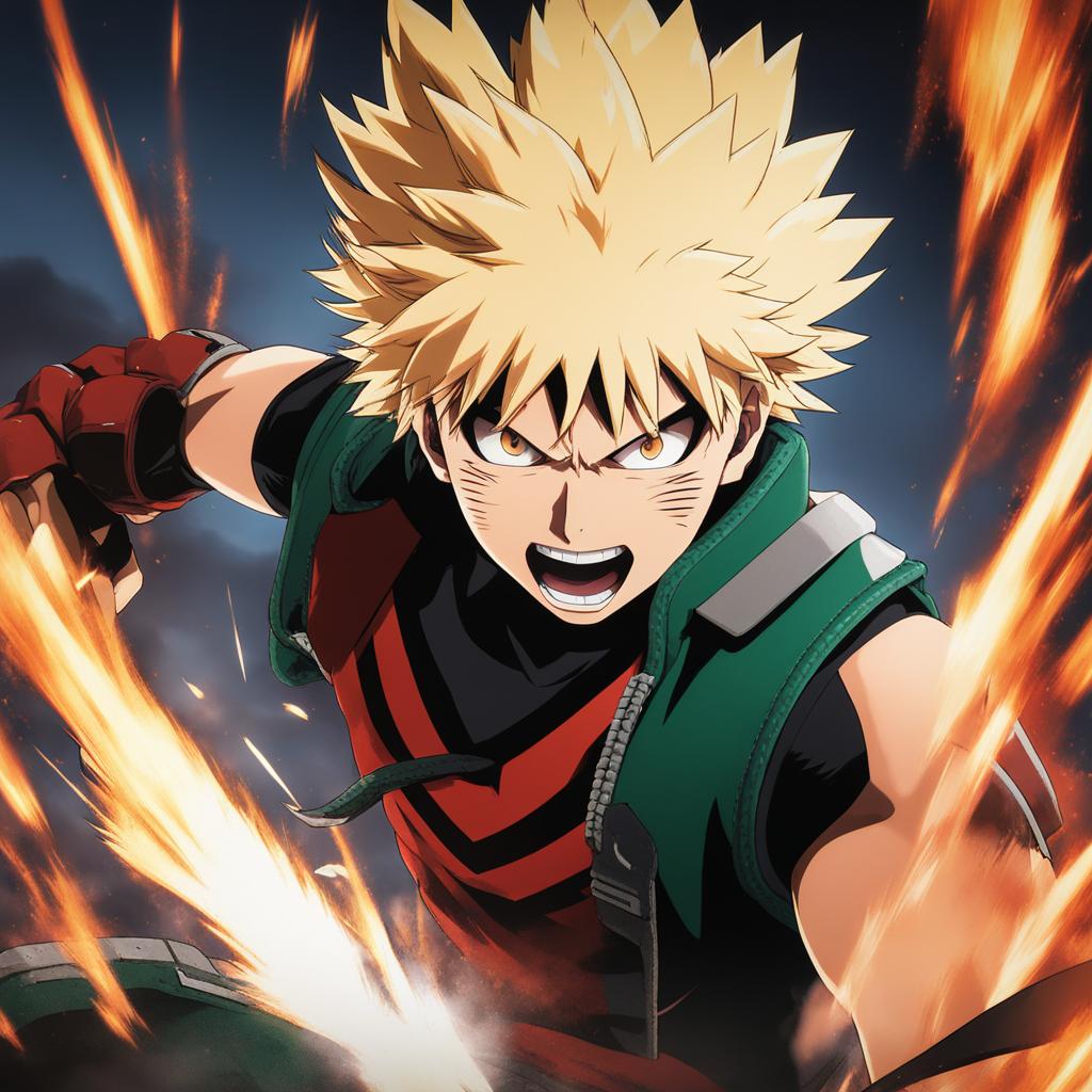 katsuki bakugo blasts explosive attacks during a fierce training session. 