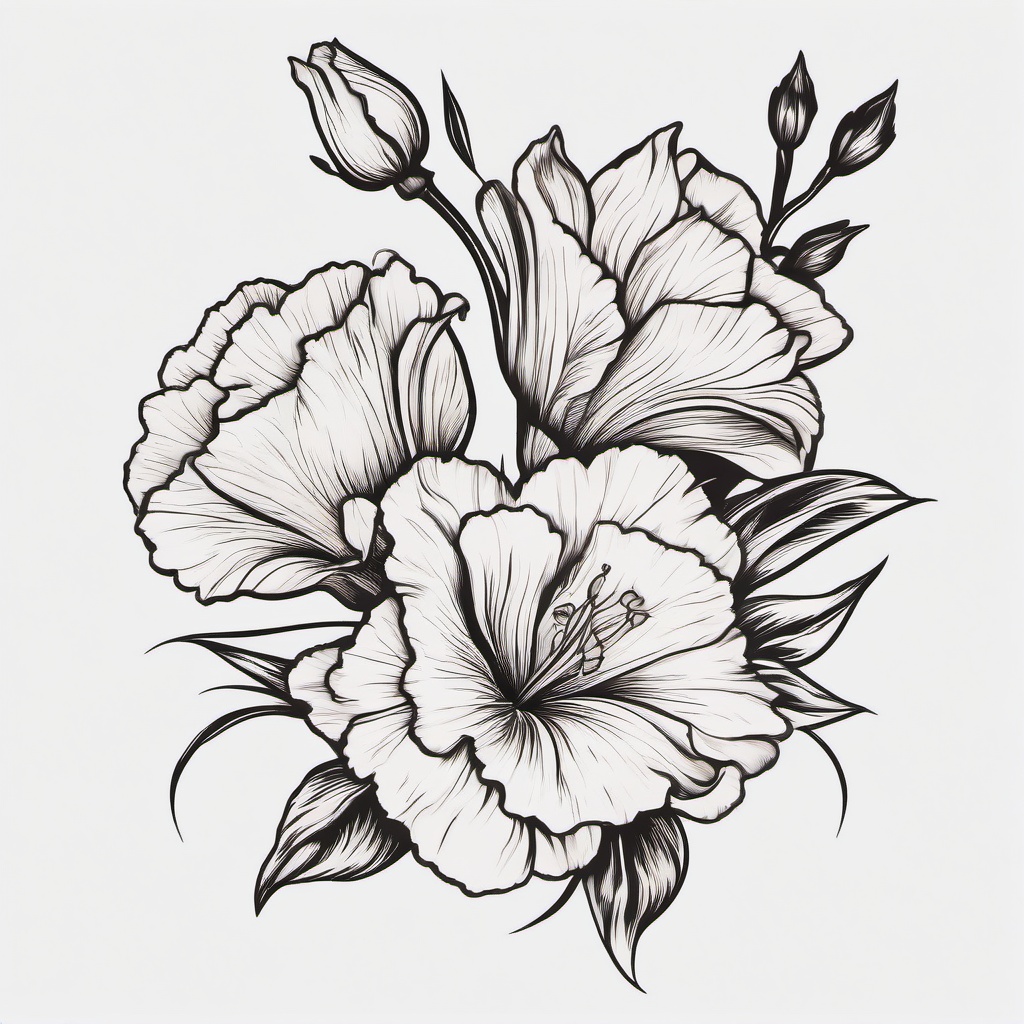 Carnation and Gladiolus Tattoo,Strength and integrity symbolized in a tattoo featuring carnations and gladiolus flowers, a powerful and meaningful combination.  simple color tattoo,minimal vector art,white background