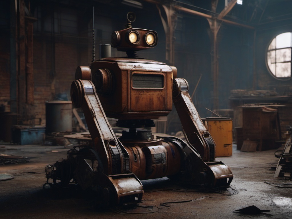 Rusty, disassembled robot in an abandoned workshop yearns to be whole again.  8k, hyper realistic, cinematic