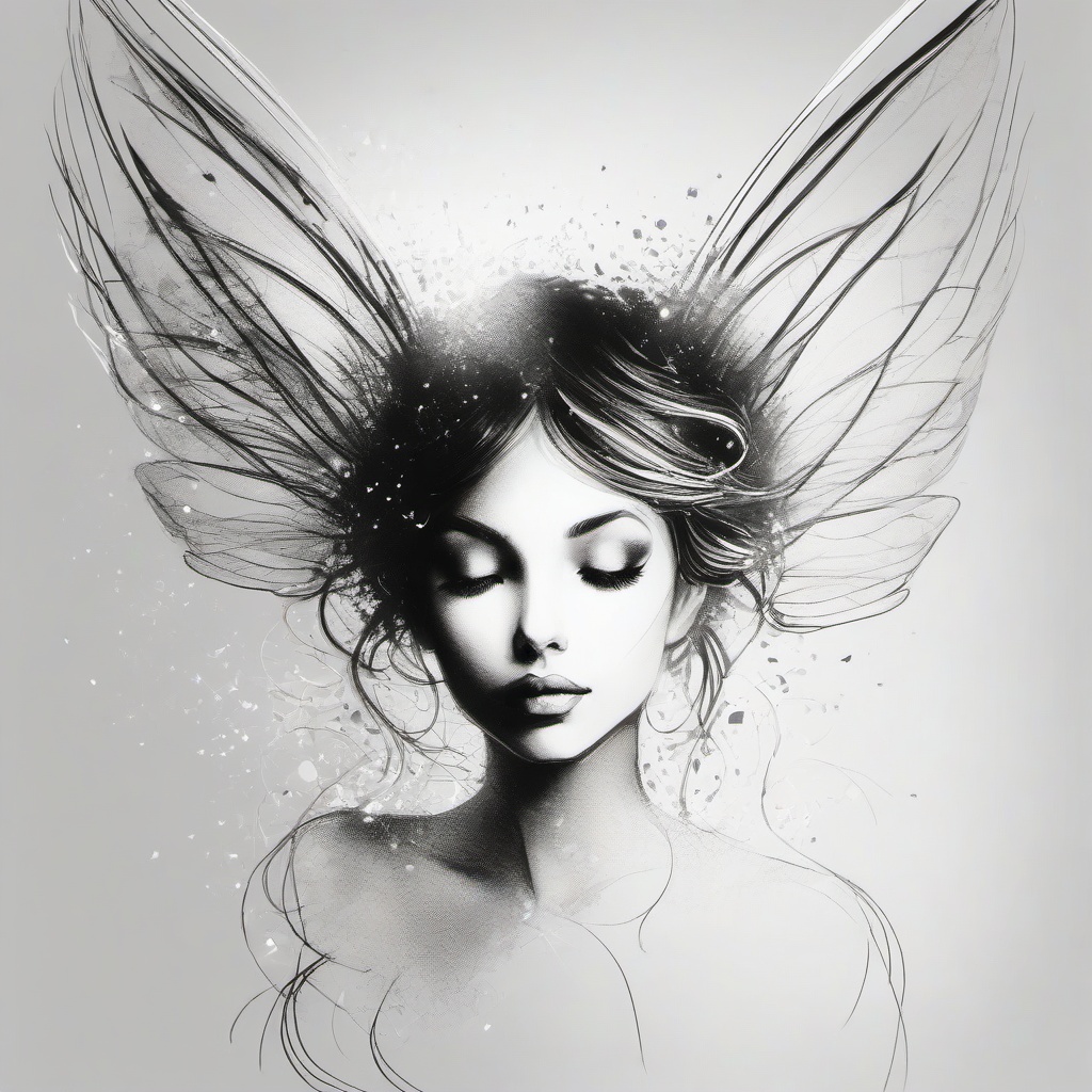 drawing of a fairy with sparkling wings  minimal rough sketch scribbles,doodles,black and white