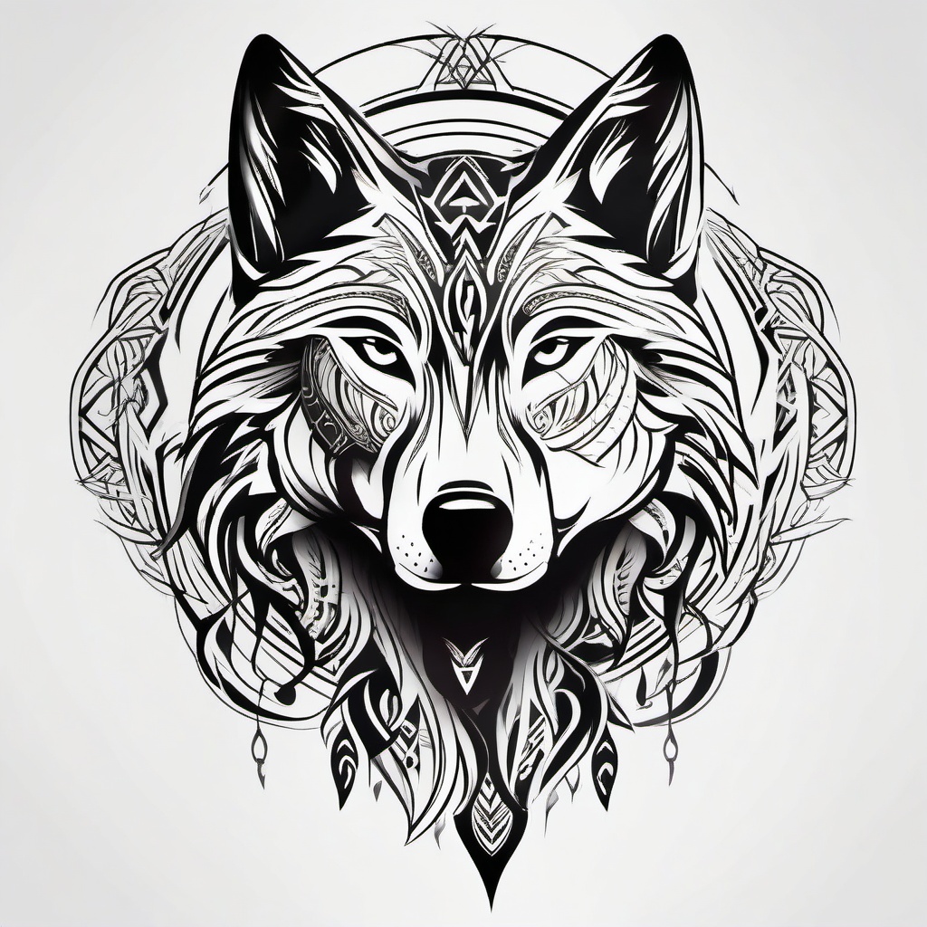 Spirit Tribal Wolf Tattoo,tattoo showcasing a wolf imbued with spiritual tribal elements, symbolizing unity and mysticism. , tattoo design, white clean background