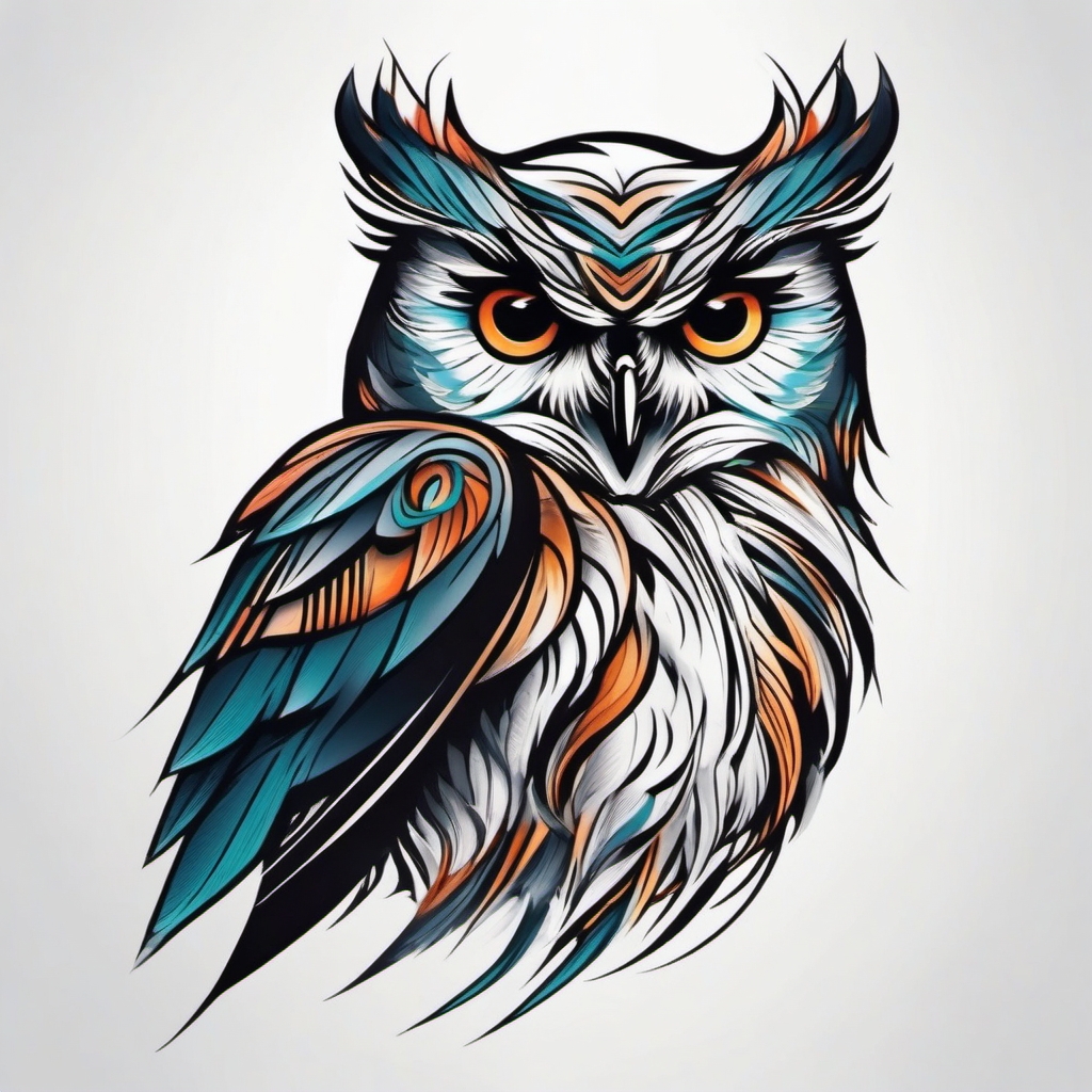 Owl tattoo merging with winds, symbolizing freedom.  color tattoo style, minimalist design, white background