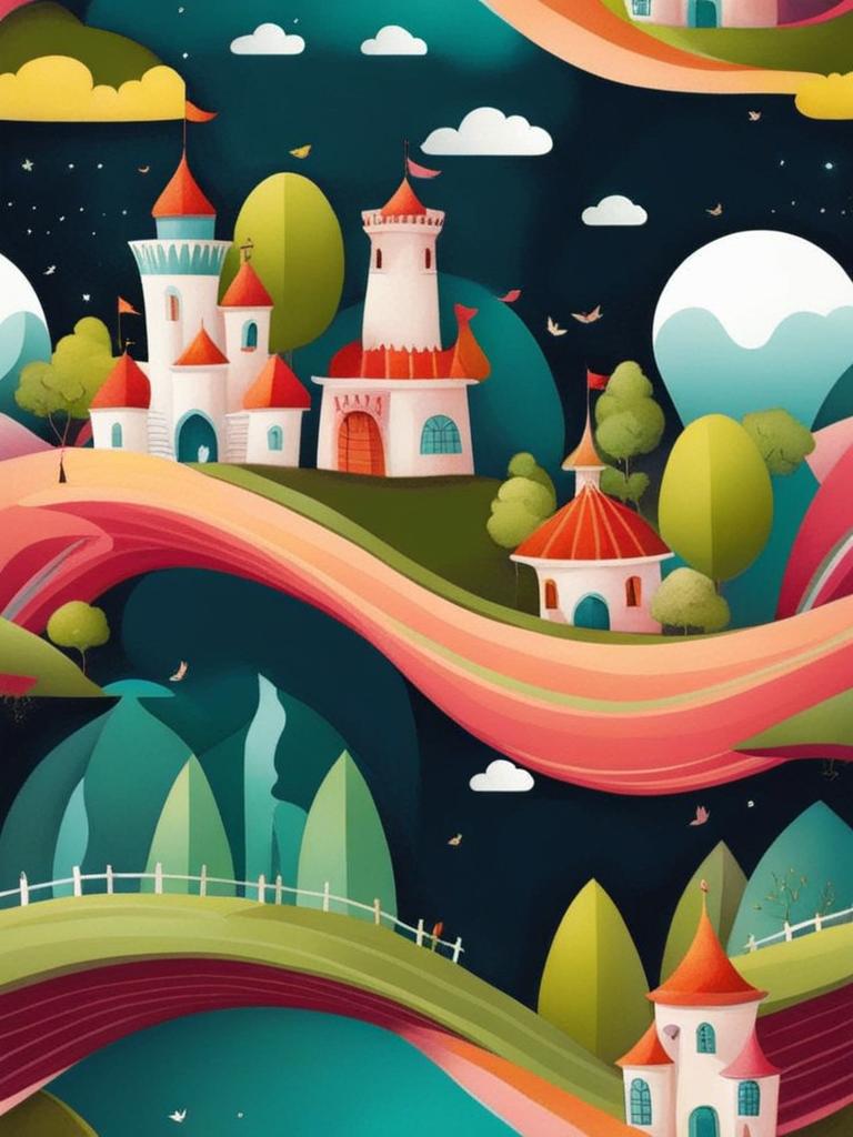 whimsical wonderland - illustrate a whimsical wonderland with imaginative landscapes and surreal elements. 