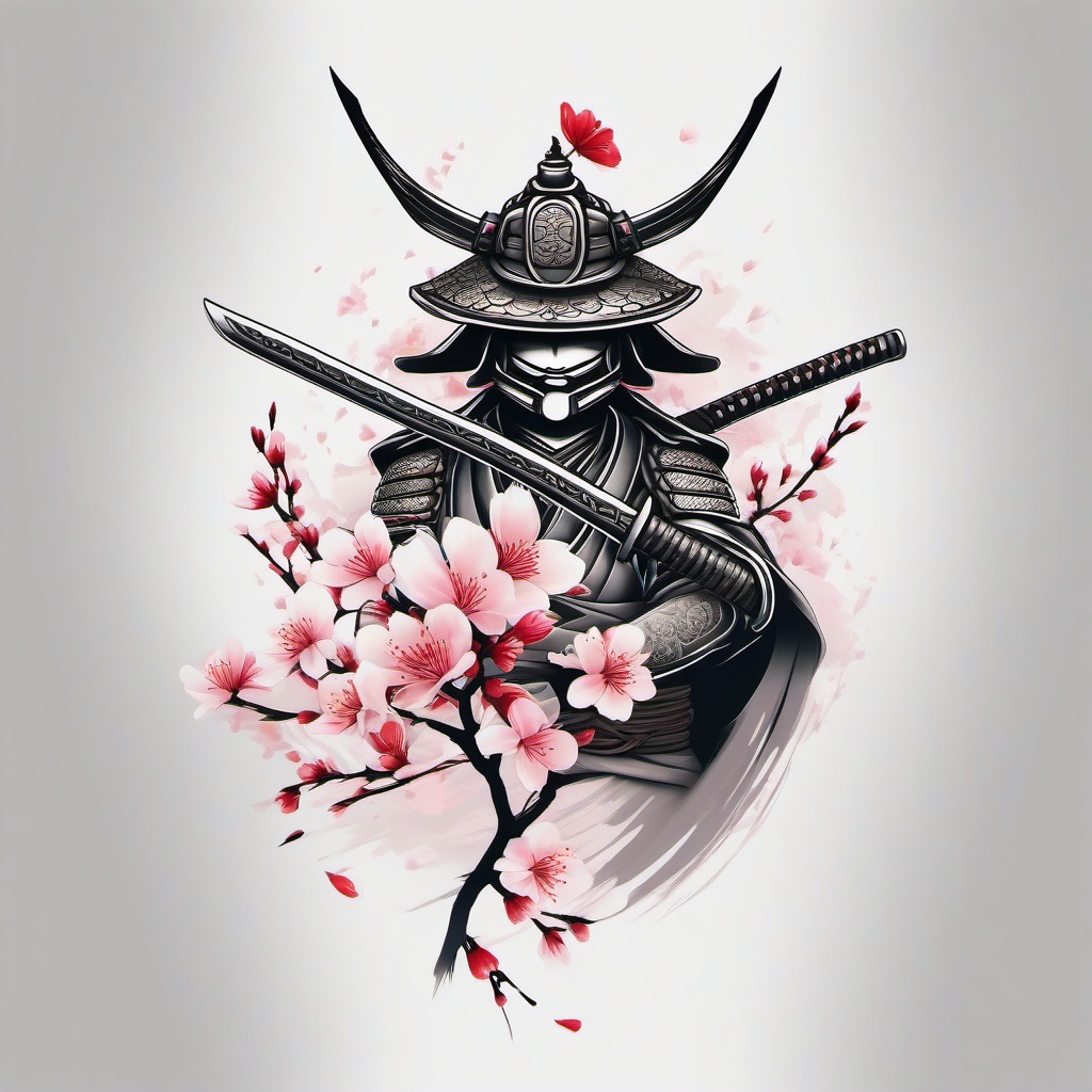 Cherry Blossom Samurai Tattoo - Symbolizing the warrior spirit, a fusion of samurai and delicate cherry blossoms.  simple color tattoo,white background,minimal