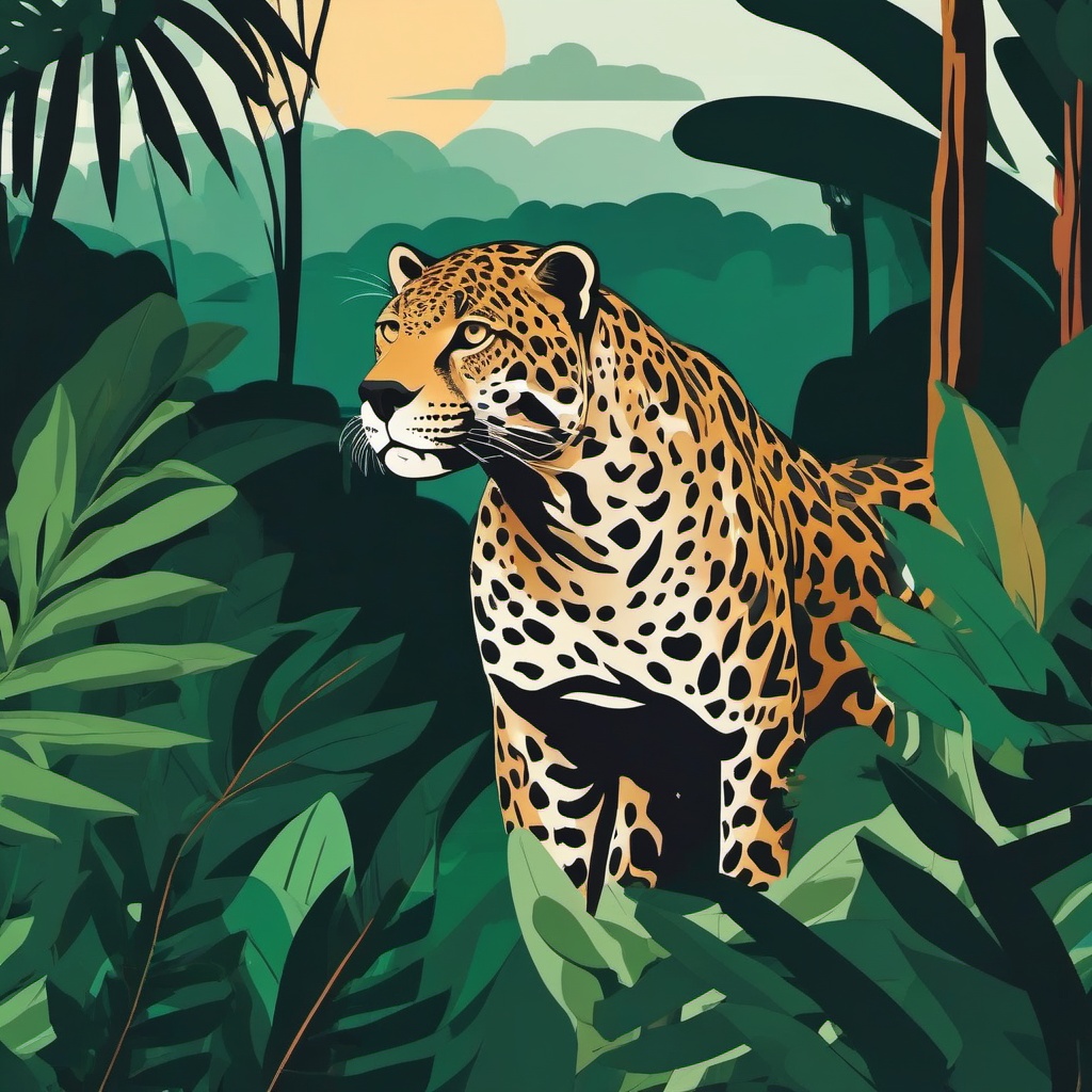 Jaguar Clip Art - Powerful jaguar lurking in the jungle,  color vector clipart, minimal style