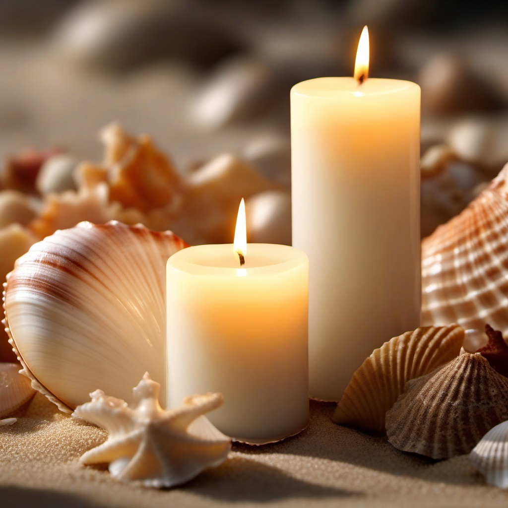 Beachside seashell candles close shot perspective view, photo realistic background, hyper detail, high resolution