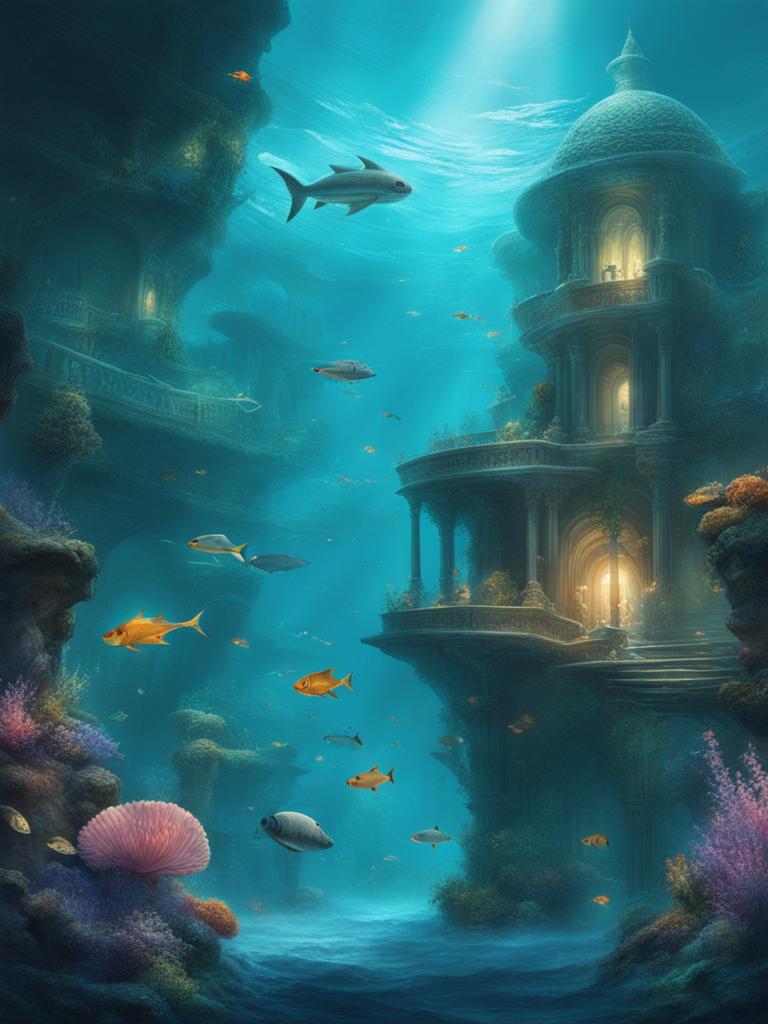 ethereal underwater city inhabited by merfolk and sea creatures. 