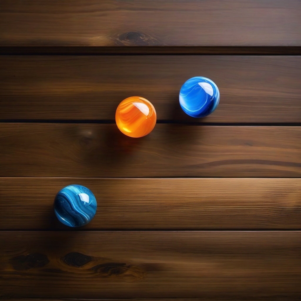 top view of 3 marbles far apart on wooden table