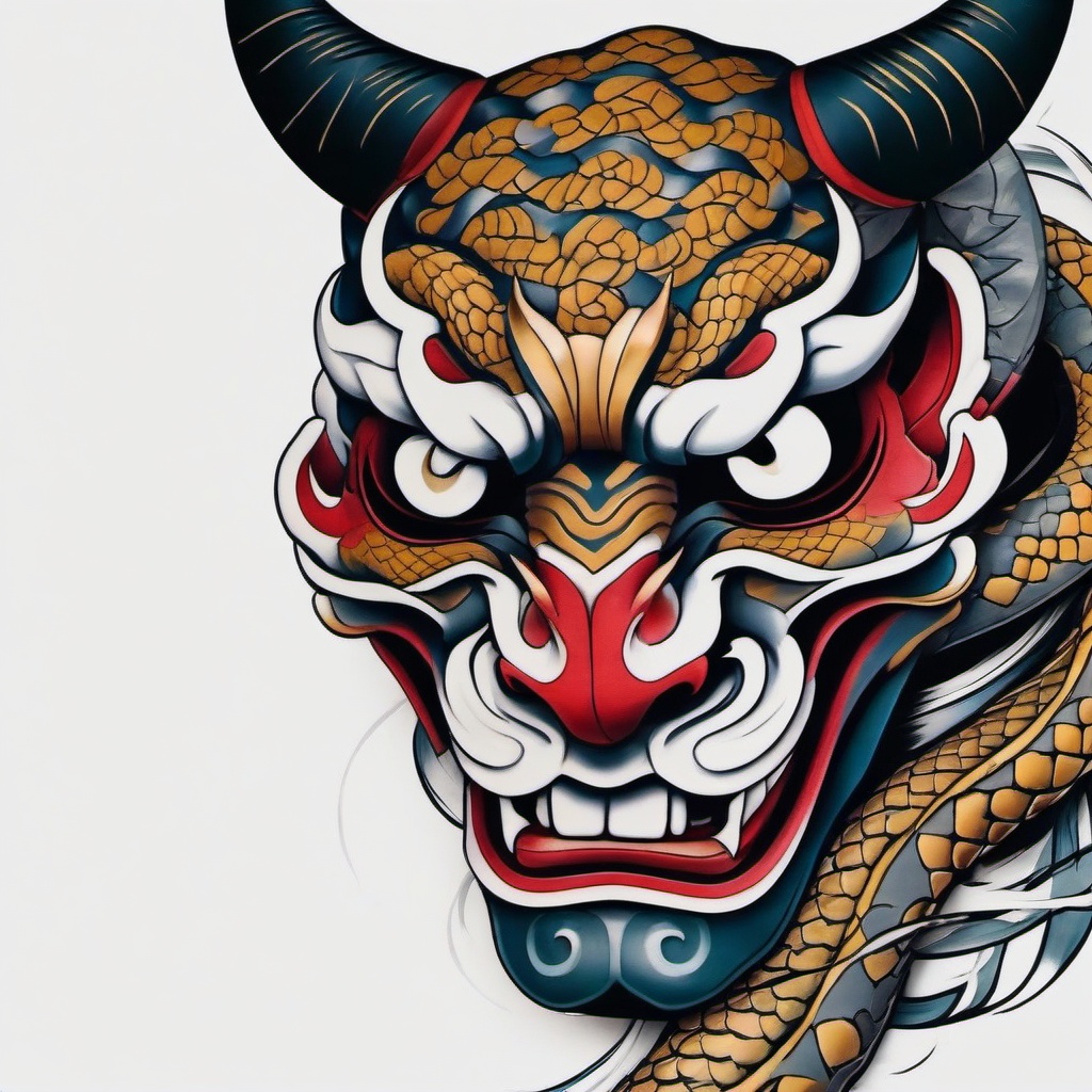 hannya mask with snake tattoo  simple color tattoo,white background,minimal