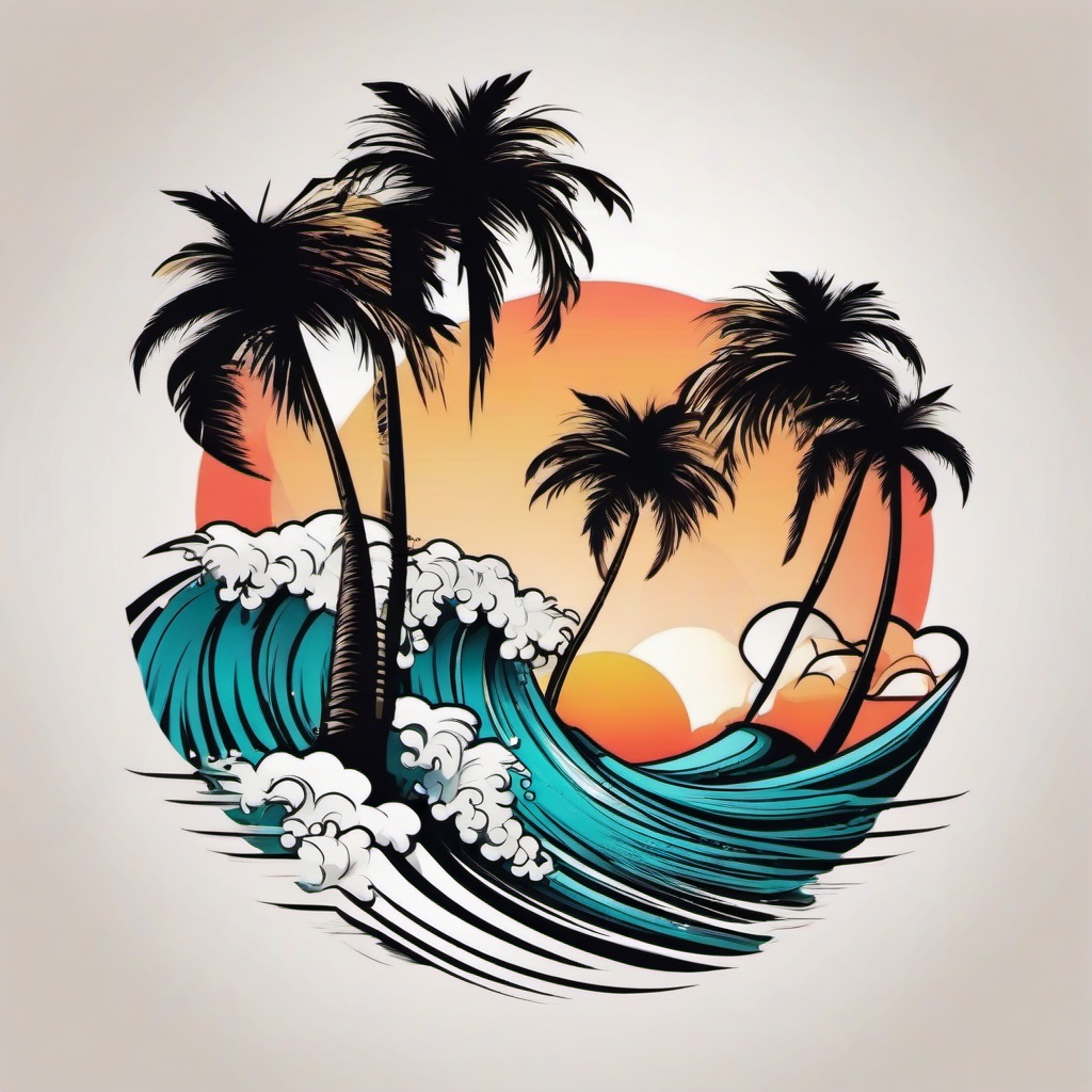 palm tree wave tattoo  simple vector color tattoo