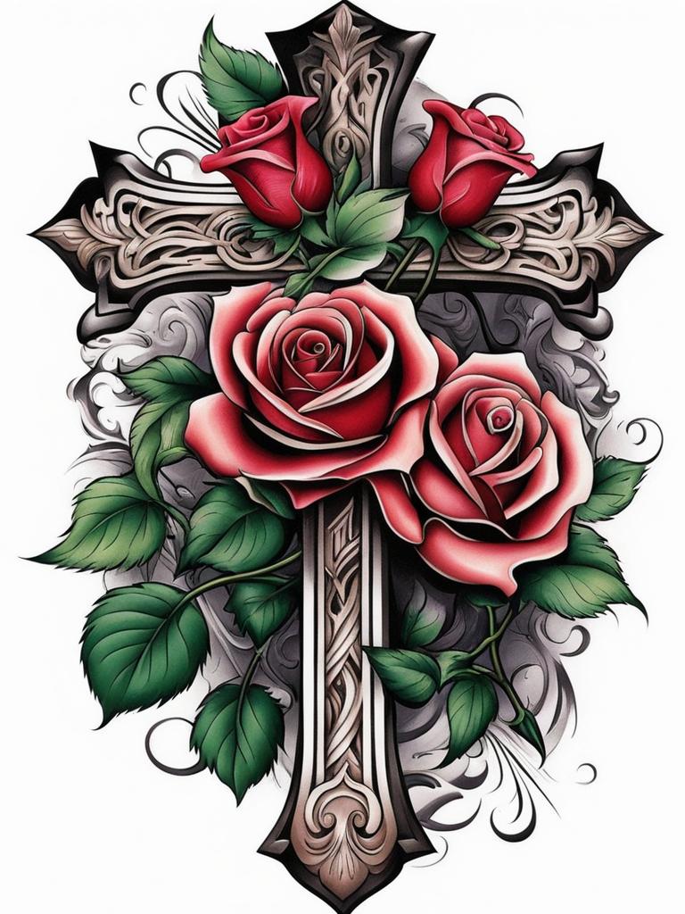 Cross and rose tattoo, Expressing spirituality and love with cross and rose-themed tattoos. , color tattoo design, clean white background