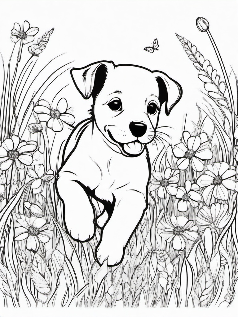 Puppy in a Meadow Coloring Pages - Happy Puppy Running Through Flowers  minimal black outline printable sheet, coloring page